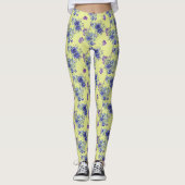  blauwe Waterverf bloemen op gele Leggings (Voorkant)
