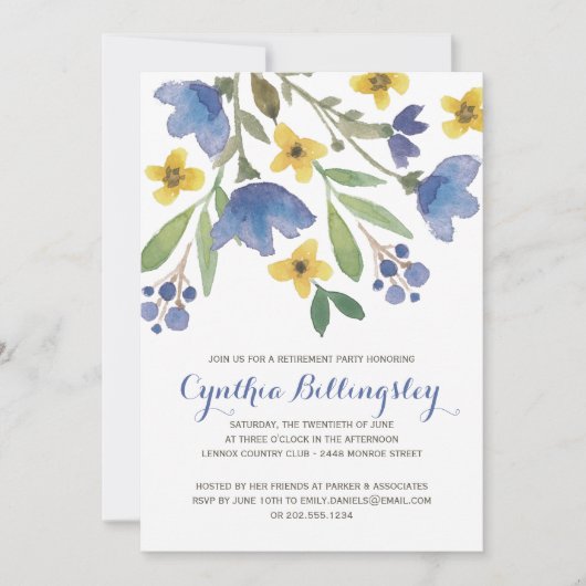 Blauwe Waterverf bloemen | Pensioenpartij Kaart (Voorkant)