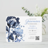 Blauwe Waterverf Bloemen QR Code Quinceañera Kaart (Staand voorkant)