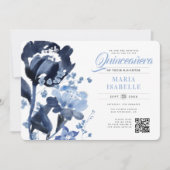 Blauwe Waterverf Bloemen QR Code Quinceañera Kaart (Voorkant)