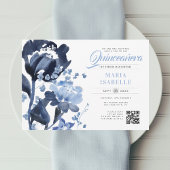 Blauwe Waterverf Bloemen QR Code Quinceañera Kaart