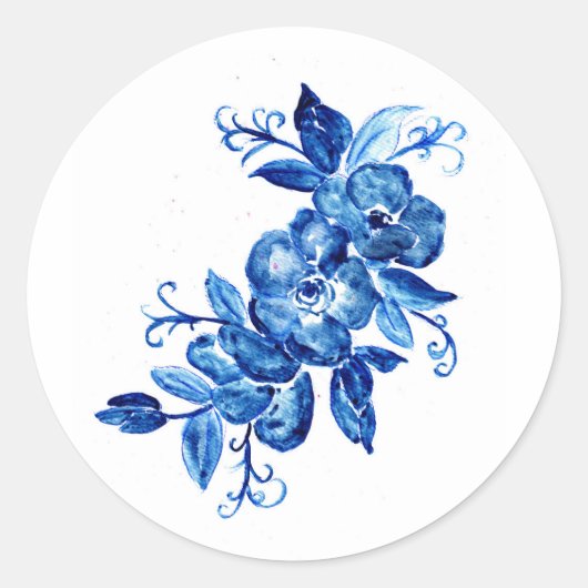 Blauwe Waterverf bloemen Ronde Sticker (Voorkant)