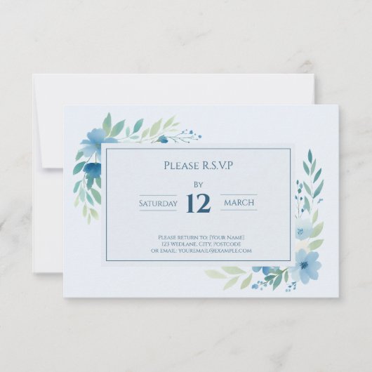  Blauwe Waterverf Bloemen RSVP Respons Kaart (Voorkant)