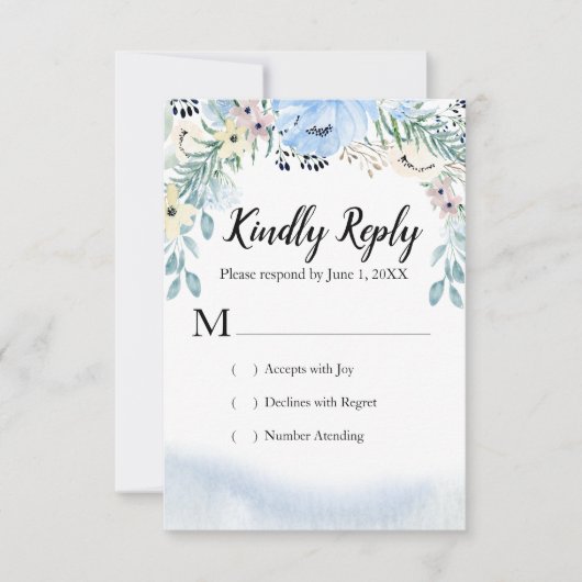 Blauwe Waterverf Bloemen RSVP Respons Kaarten (Voorkant)
