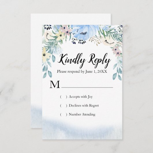 Blauwe Waterverf Bloemen RSVP Respons Kaarten (Voorkant / Achterkant)