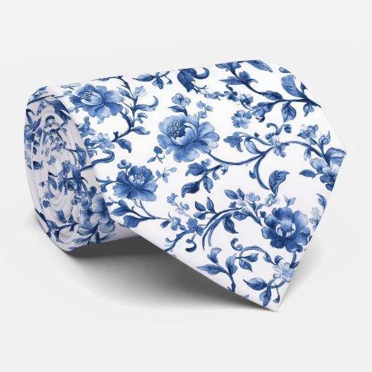 Blauwe Waterverf Bloemen Toile Chinoiserie bruilof Stropdas (Opgerold)