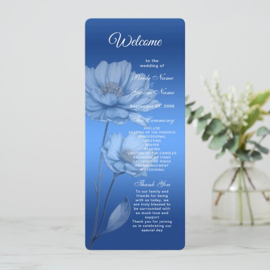 Blauwe Waterverf Bloemen Trouwprogramma Programmakaart (Staand voorkant)
