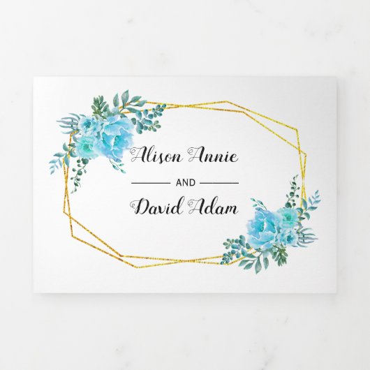 Blauwe waterverf bloemen, typografie bloemenbruilo drieluik uitnodiging (Cover)