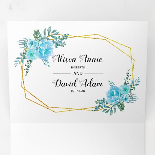 Blauwe waterverf bloemen, typografie bloemenbruilo drieluik uitnodiging (Binnenzijde eerst)