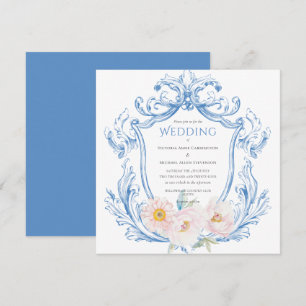 Blauwe Waterverf Bloemen Vintage Huwelijksuitnodig