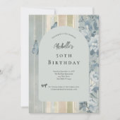 Blauwe Waterverf Bloemen Vlinders 50ste Verjaardag Kaart (Voorkant)