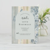 Blauwe Waterverf Bloemen Vlinders 50ste Verjaardag Kaart (Staand voorkant)