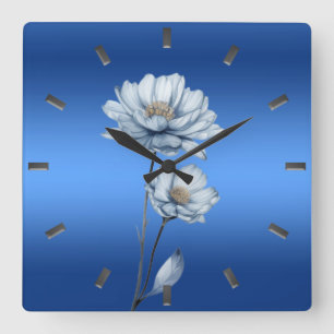 Blauwe Waterverf Bloemen Wandklok