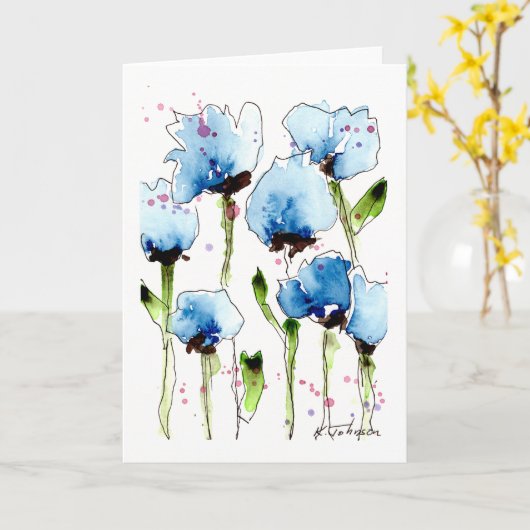 Blauwe Waterverf bloemen Wenskaart Kaart (Gele Bloem)