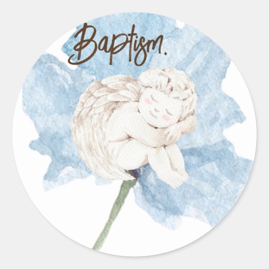 Blauwe Waterverf Bloemen Wit Kind Engel Doop Ronde Sticker (Voorkant)