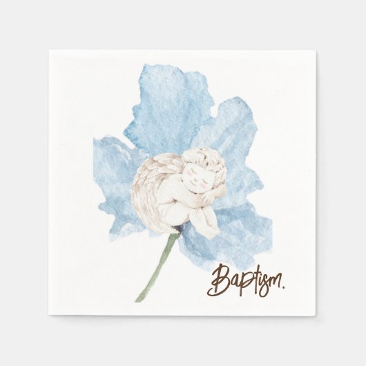 Blauwe Waterverf Bloemen Wit Kind Engel Doop Servet (Voorkant)