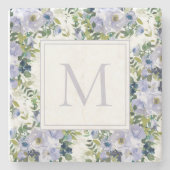 Blauwe Waterverf bloemen witte monogram Stenen Onderzetter (Voorkant)