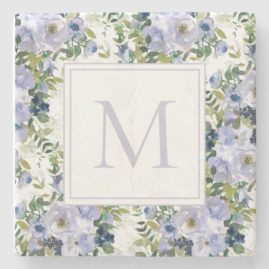 Blauwe Waterverf bloemen witte monogram Stenen Onderzetter (Voorkant)