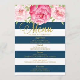 Blauwe Waterverf Bloemen Zwart Strepen Bruiloft Me Menu