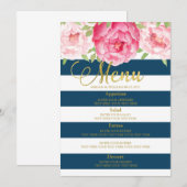 Blauwe Waterverf Bloemen Zwart Strepen Bruiloft Me Menu (Voorkant / Achterkant)