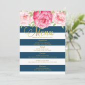 Blauwe Waterverf Bloemen Zwart Strepen Bruiloft Me Menu (Staand voorkant)