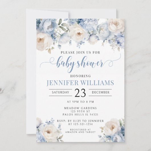Blauwe waterverf bloemenbaby boy doucheuitnodiging kaart (Voorkant)