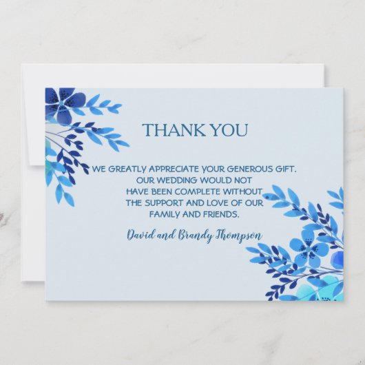 Blauwe Waterverf Bloemenbruiloft Bedankt Opmerking (Voorkant)