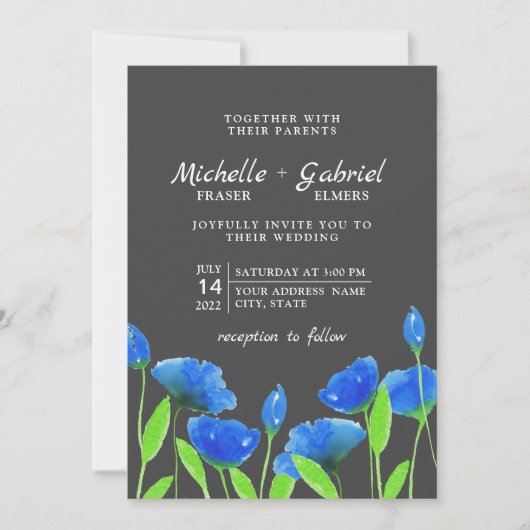 Blauwe waterverf. Bloemenbruiloft. Black Kaart (Voorkant)