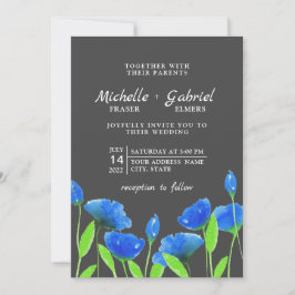 Blauwe waterverf. Bloemenbruiloft. Black Kaart