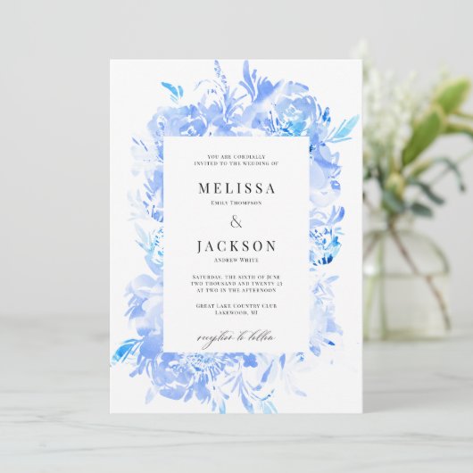 Blauwe Waterverf bloemenbruiloft Kaart (Staand voorkant)
