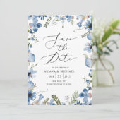 Blauwe Waterverf bloemenbruiloft Save the Date Kaa Kaart (Staand voorkant)