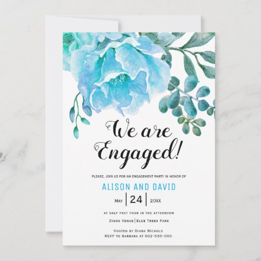 Blauwe waterverf bloemenbruiloft verlovingsfeest kaart (Voorkant)