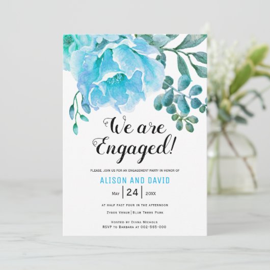 Blauwe waterverf bloemenbruiloft verlovingsfeest kaart (Staand voorkant)