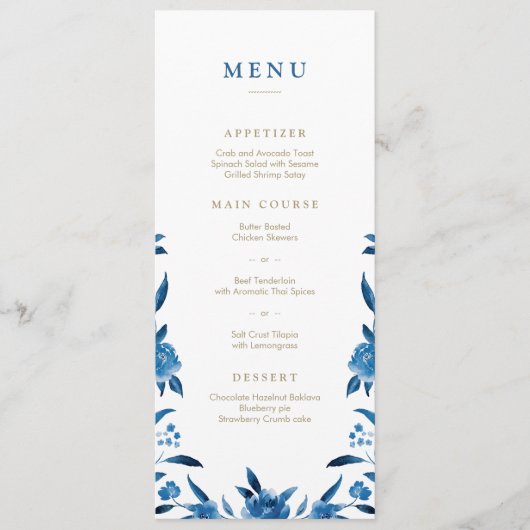 Blauwe Waterverf bloemenChinoiserie Bruiloft menu (Voorkant)