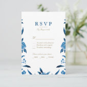 Blauwe Waterverf bloemenChinoiserie Bruiloft RSVP (Staand voorkant)