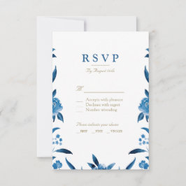Blauwe Waterverf bloemenChinoiserie Bruiloft RSVP Kaartje