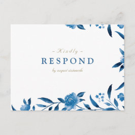 Blauwe Waterverf bloemenChinoiserie Bruiloft RSVP Uitnodiging Briefkaart