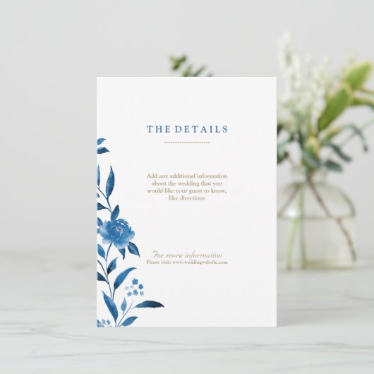 Blauwe Waterverf bloemenChinoiserie Trouwdetails Informatiekaartje (Staand voorkant)