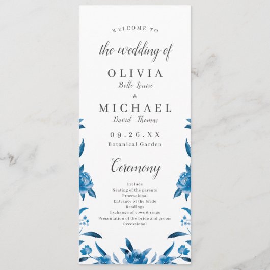 Blauwe Waterverf bloemenChinoiserie Trouwprogramma Menu (Voorkant)