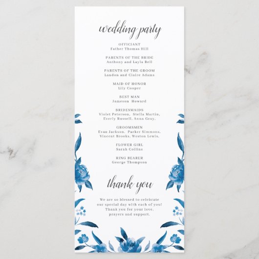 Blauwe Waterverf bloemenChinoiserie Trouwprogramma Menu (Achterkant)