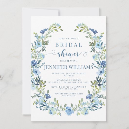 Blauwe waterverf bloemenkrans boho vrijgezellenfee kaart (Voorkant)