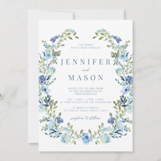 Blauwe waterverf bloemenkrans boho zomerbruiloft kaart (Voorkant)