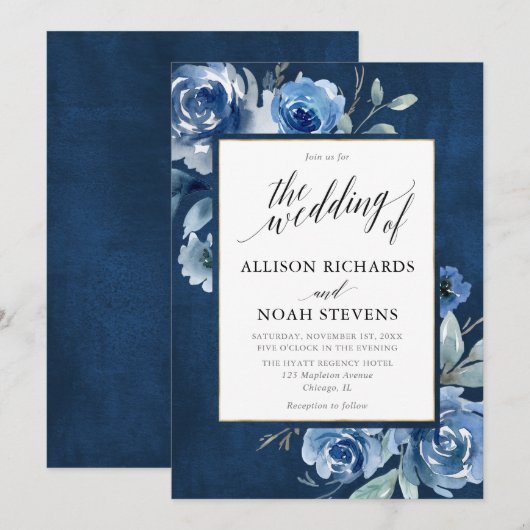 Blauwe waterverf bloemenmoderne grillige bruiloft kaart (Voorkant / Achterkant)