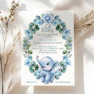 Blauwe Waterverf Bloemenolifant Baby shower Kaart