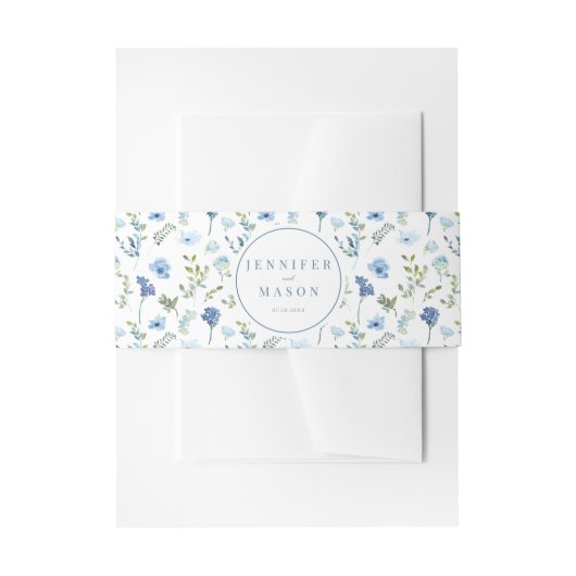 Blauwe waterverf bloemenrustieke bruiloft buik ban uitnodigingen wikkel (Voorkant Voorbeeld)