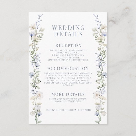 Blauwe waterverf bloemenrustieke bruiloft details informatiekaartje (Voorkant)