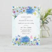 Blauwe waterverf bloementuin bruiloft kaart (Staand voorkant)