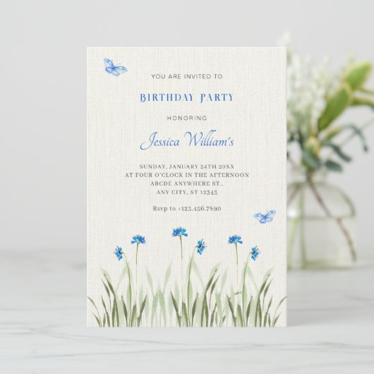 Blauwe waterverf bloementuin kaart (Staand voorkant)