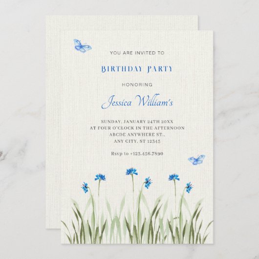 Blauwe waterverf bloementuin kaart (Voorkant / Achterkant)