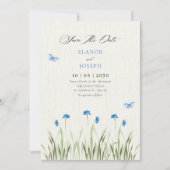 Blauwe waterverf bloementuin save the date (Voorkant)